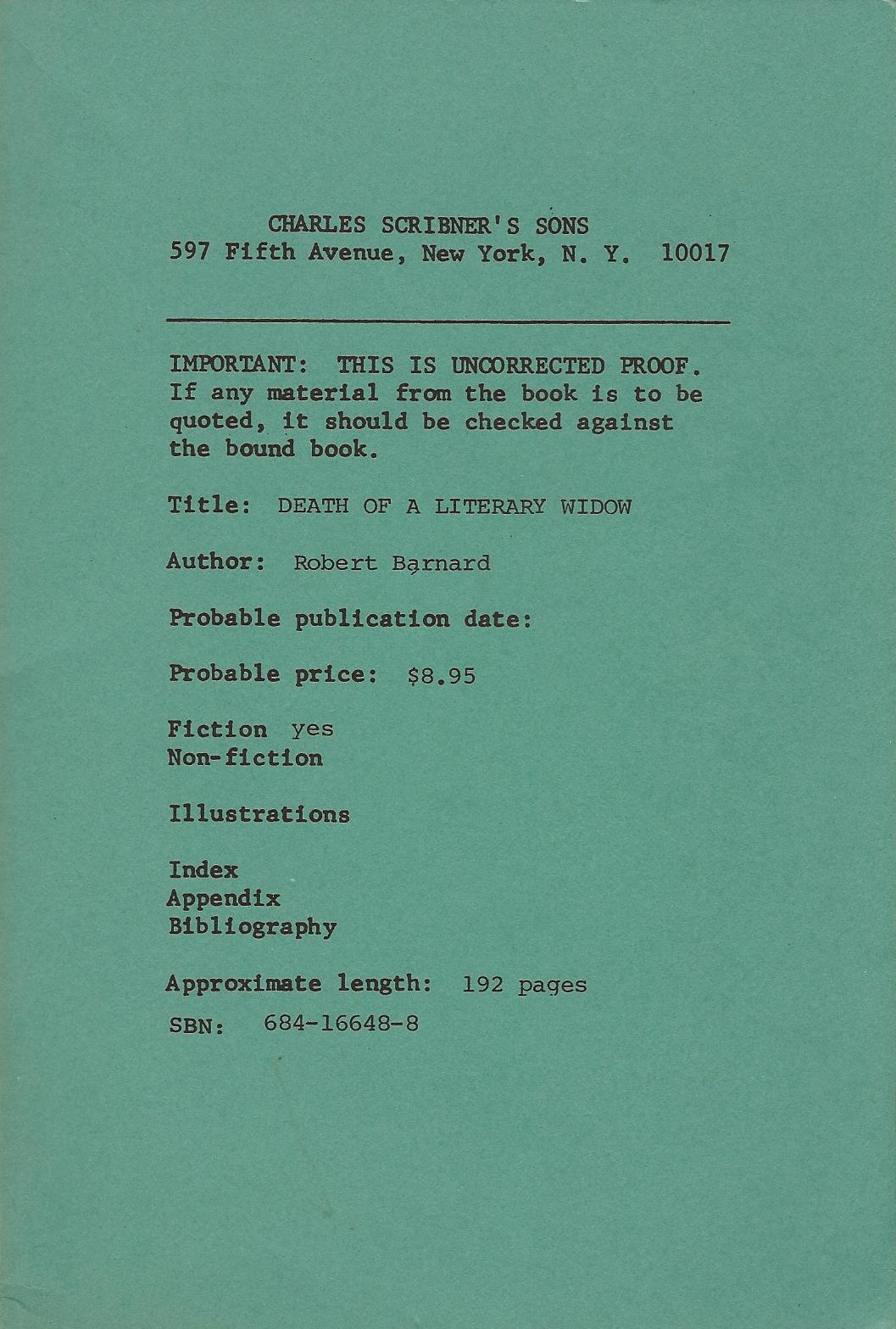 Image for DEATH OF A LITERARY WIDOW